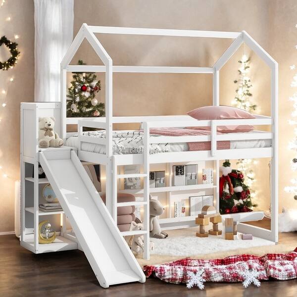 slide 2 of 17, Contemporary Twin Size Wood House Loft bed with Slide, Storage shelves and Light, Multifunctional Storage, 3 Beds in 1, White White