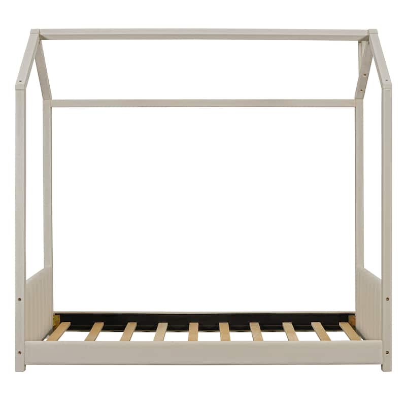 Twin Size Modern Canopy Bed - Striped Headboard Design with Roof, Solid Pinewood Frame