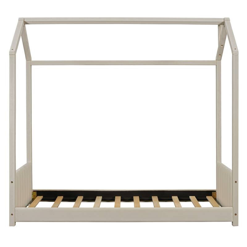 Twin Size Velvet House Bed with Roof, Beige - Sturdy Pine Frame, Semi-Enclosed Play Area