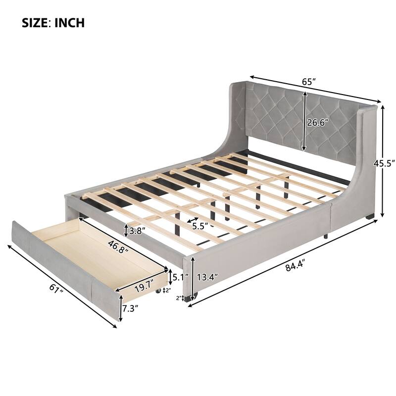 Velvet Upholstered Bed Platform Bed Frame Queen Size Wingback Bed with Tufted Headboard and Large Storage Drawer