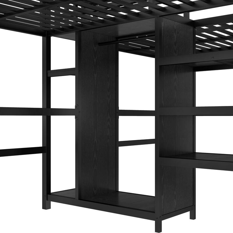 Black Twin Over Twin Loft Bed with Double Desk Wardrobe Shelves Power Outlet