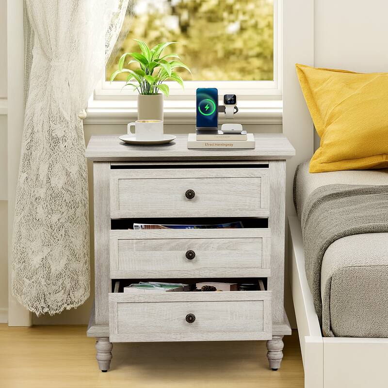 Wood 3-Drawer Nightstand with Rustic Finish and Storage