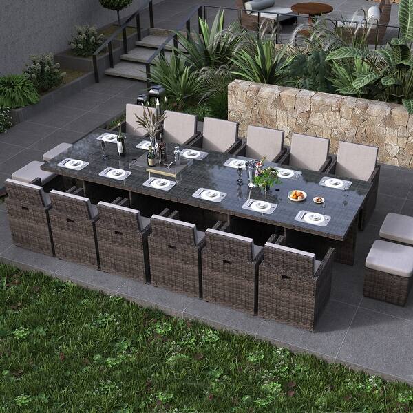 16-Seater Aluminum Patio Dining Sets with Cushions and Tempered Glass Tabletop