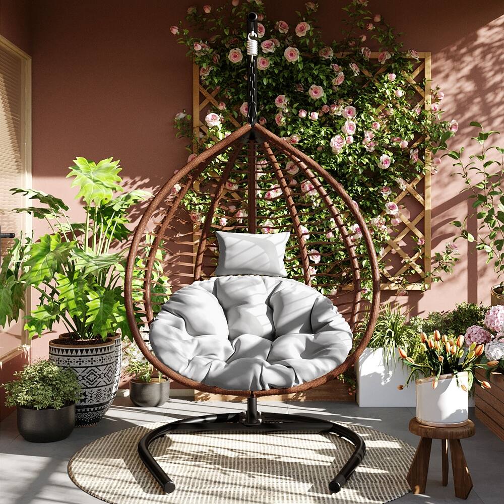 Foldable Rattan Hanging Hammock Chair with Stand and Plush Cushion for Indoor and Outdoor