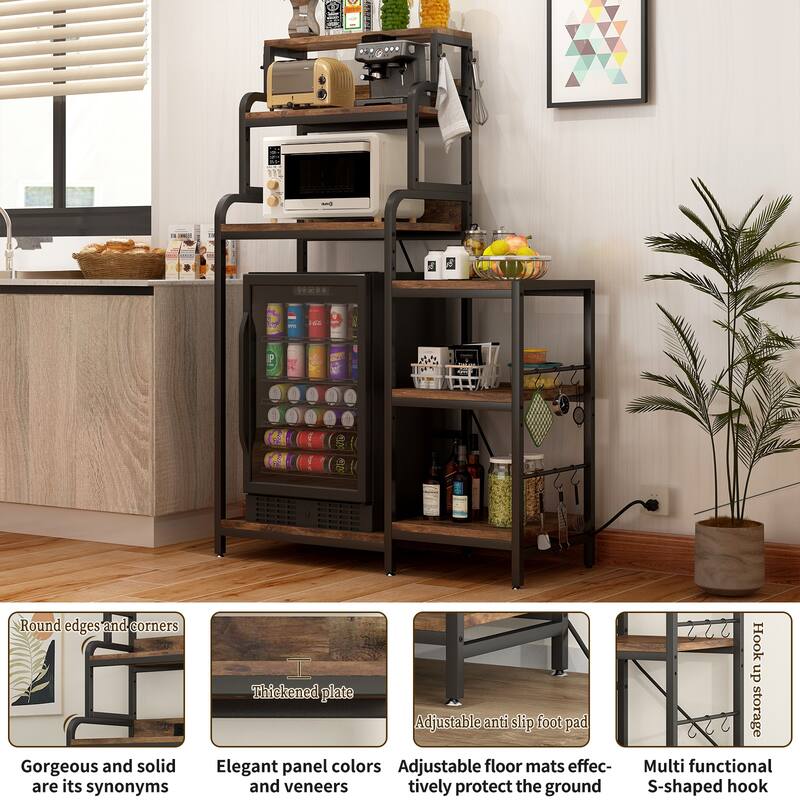 Multifunctional 7-Tier Mini Fridge & Microwave Stand with 2 AC/2 USB Outlets - Coffee Bar & Bakers Rack Storage Shelf