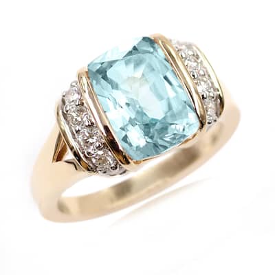14K Yelow Gold Aquamarine, Diamond Ring