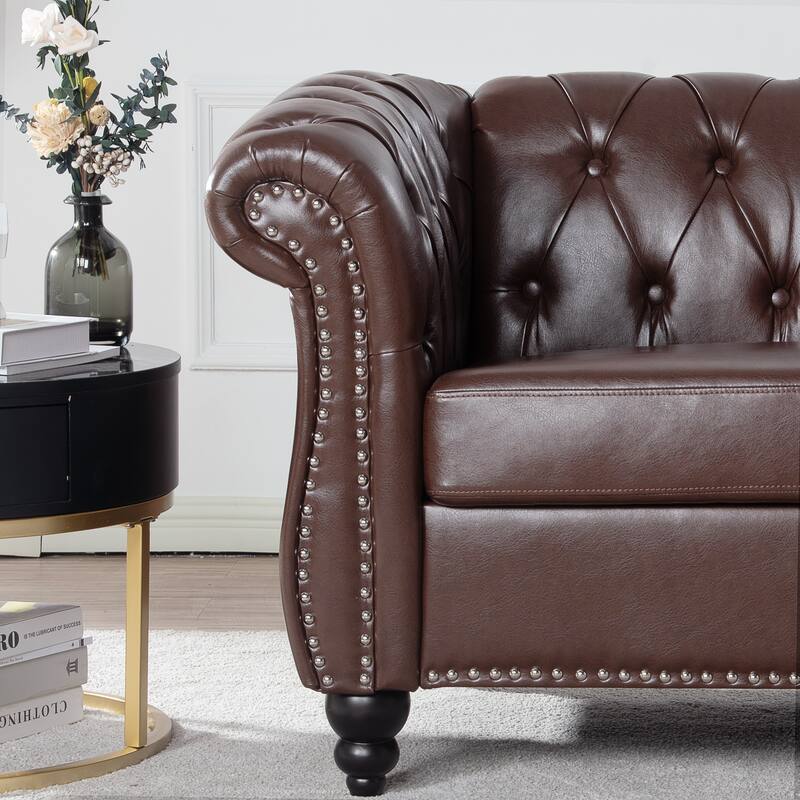 Faux Leather Single Sofa Chair Accent Chair, Mid-Century Modern Living Room Armchairs with with Rolled Arms & Nailhead Trim