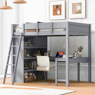 Gray Full Solid Wood Loft Bed with Desk & Shelf