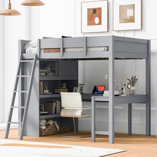 Roomfitters Full Size Loft Bed with Built-In Desk and Open Shelf for Organized Work and Living Spaces, Grey