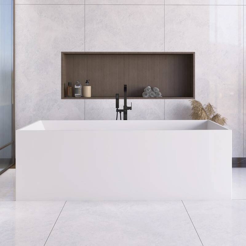 67 Inch Solid Surface Freestanding Soaking Bathtub in Matte White - 66.9'' x28.30 - Matte White