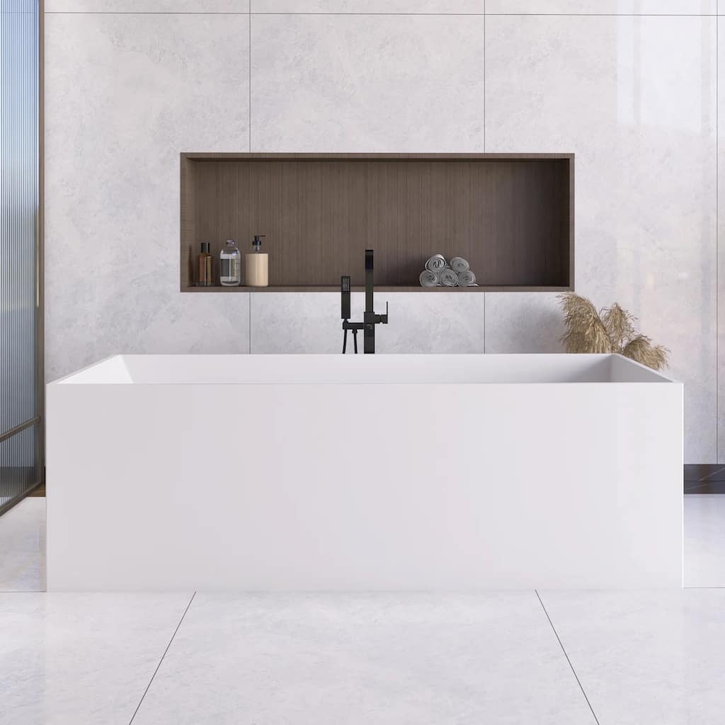 67 Inch Solid Surface Freestanding Soaking Bathtub in Matte White