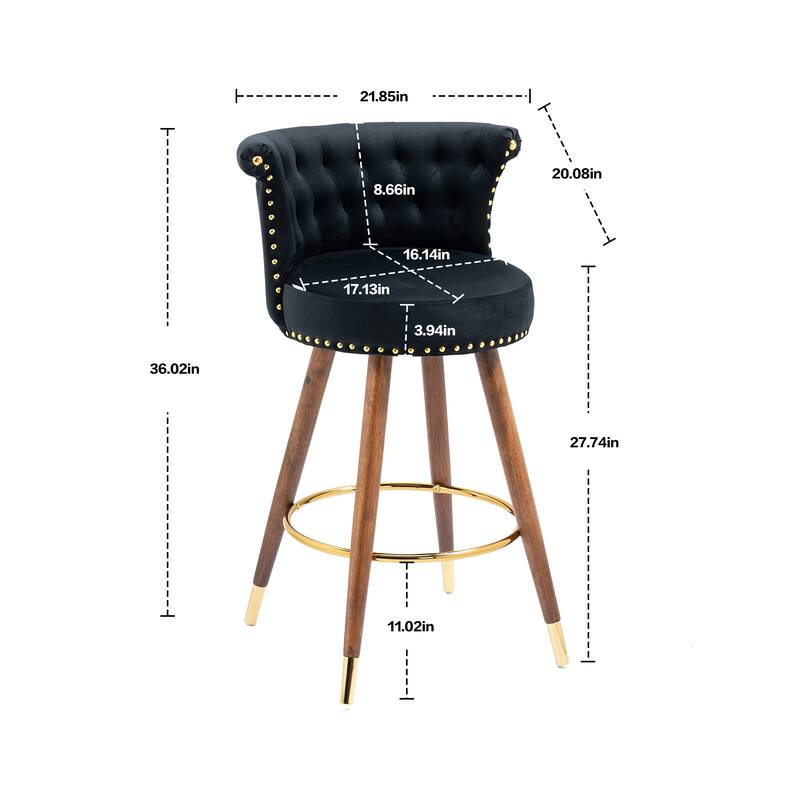 Counter Height Bar Stools Set of 2, Kitchen Bar Stools with Solid Wood Legs, Upholstered Dining Room Chairs with Footrest