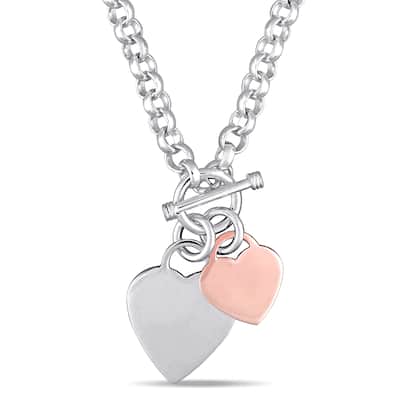 Miadora 2-Tone White and Rose Plated Sterling Silver Double Heart Charm Necklace