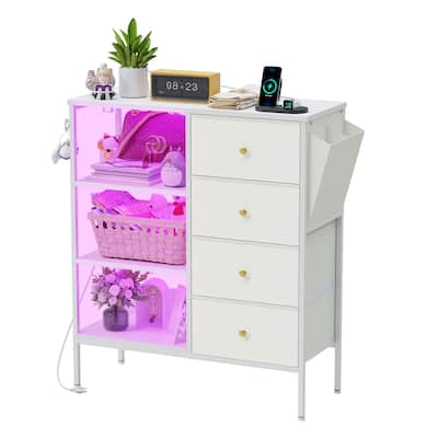White Storage Cabinet with 4 Drawers, 3 Open Shelves & Built - in Power Outlets