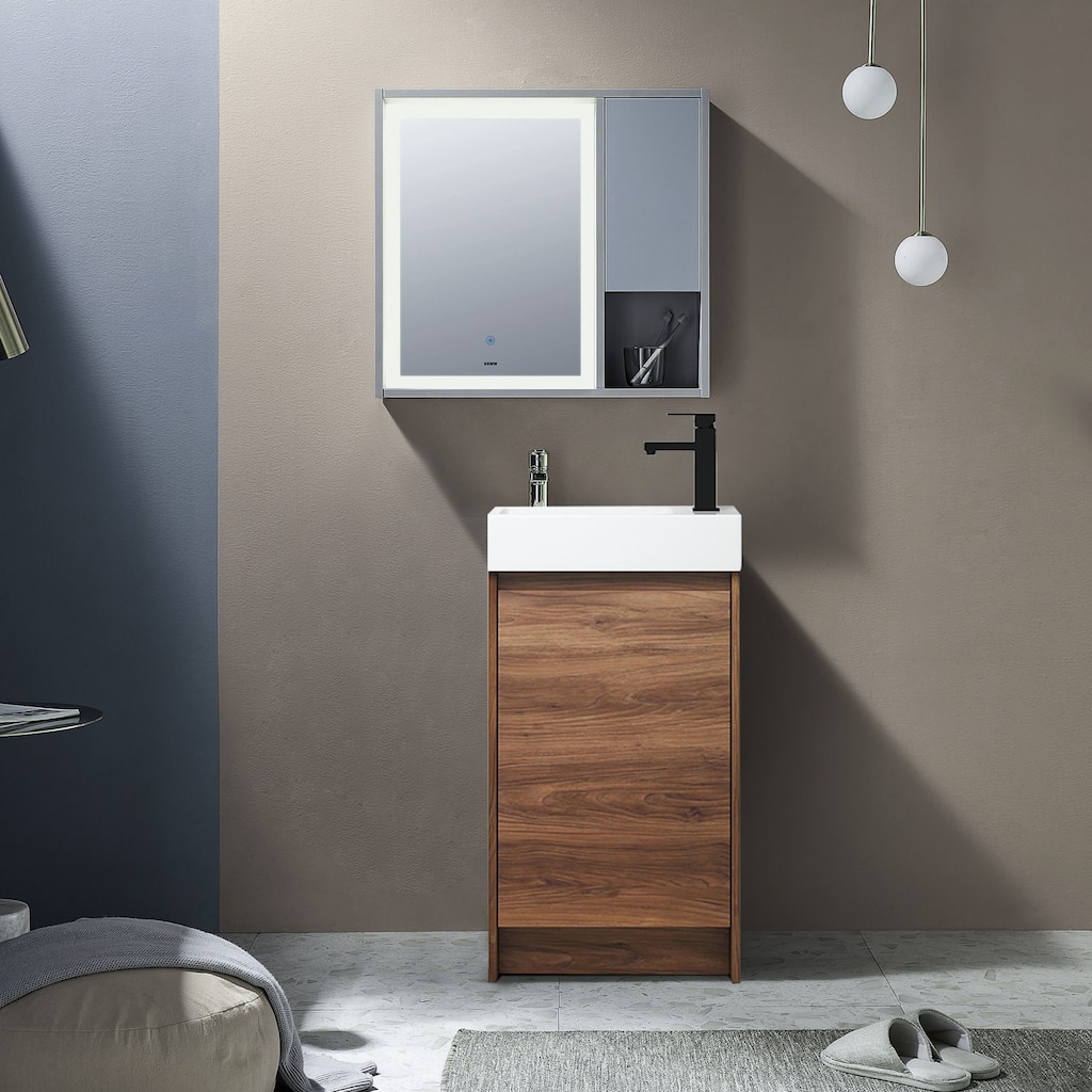Modland 18" Freestanding Bathroom Vanity with Ceramic Sink & Soft-Close Door - Eco Plywood, Brown Ebony, Small Space - 18 Inch
