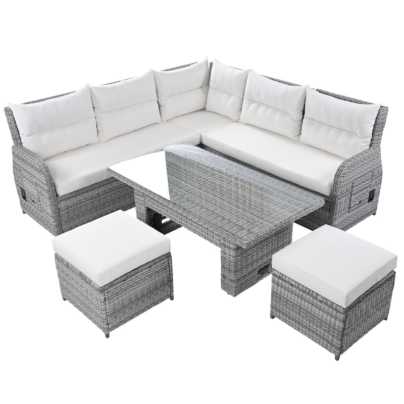 Outdoor Furniture Set Patio Rattan Furniture Set with an Adjustable Table, Recliners with Extendable Side Tables