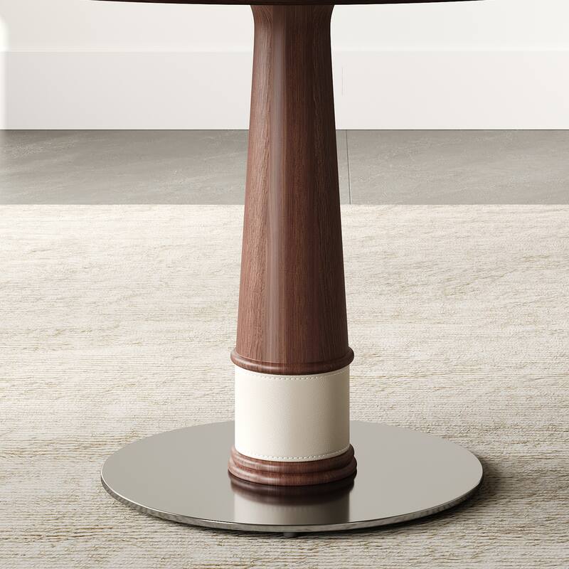 47" Solid Wood Round Dining Table with Tempered Glass Lazy Susan, Retro Style Kitchen Table with Metal Base