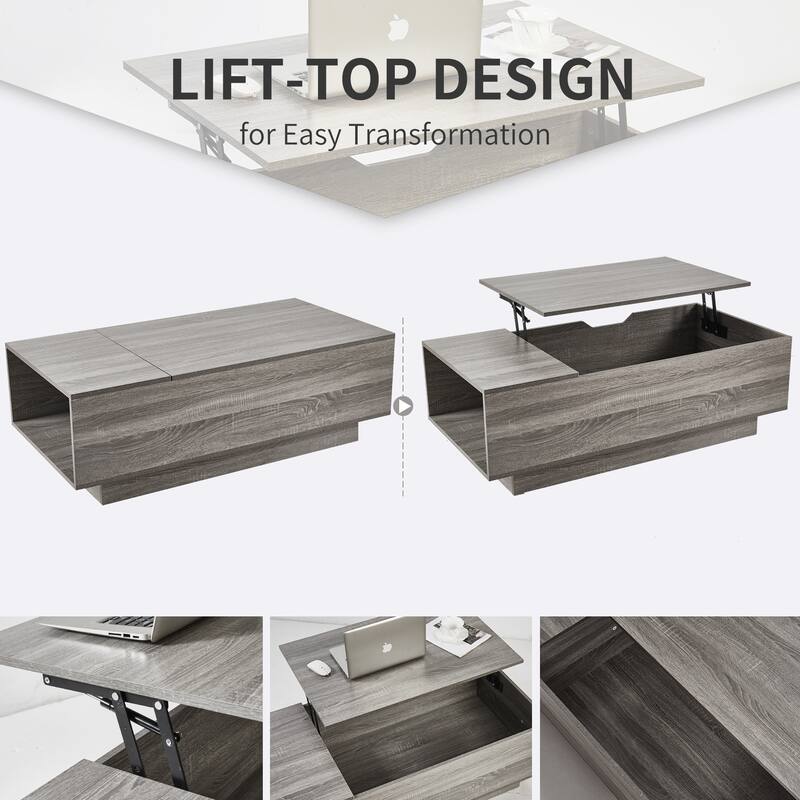 New Adjustable Top Coffee Table in Walnut or Grey, Rectangle Living Room Desk with Storage