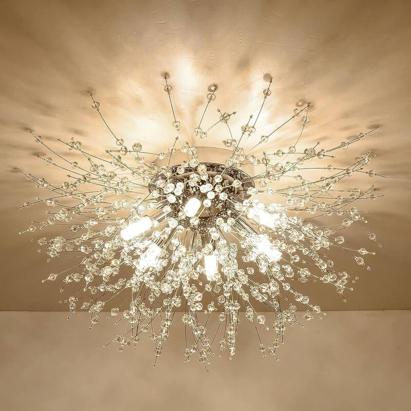 Crystal Flush Mount Ceiling Light, Modern Sputnik Firework Close to Ceiling Lamp, LED Ceiling Light Fixtures for Bedroom Kitchen