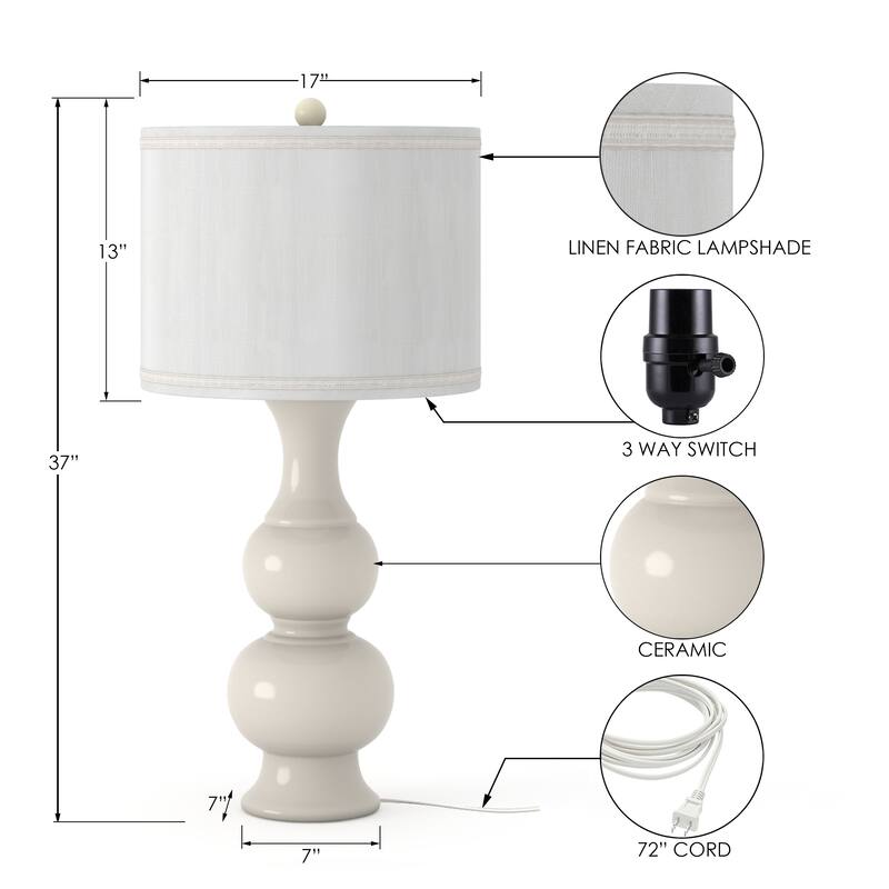 Lux Lighting Ceramic Elegant Coastal Cream/White Table Lamps with Linen Shade (Set of 2) 3-Way Switch