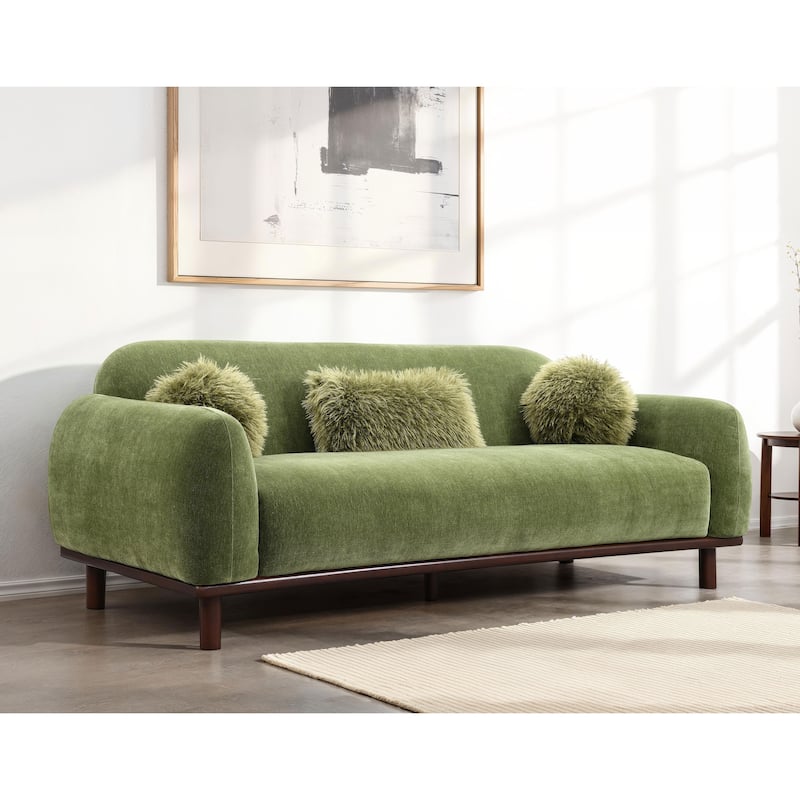 Furniture of America Velin Mid Century Modern OEKO TEX Chenille Sofa with Ball Pillows - Olive Green