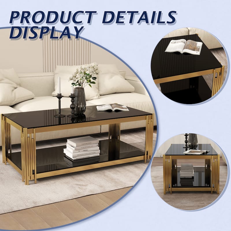 47 '' Rectangular 2 Layer Coffee Table, Modern Living Room Table with Tempered Glass Tabletop and Stainless Steel Metal Legs