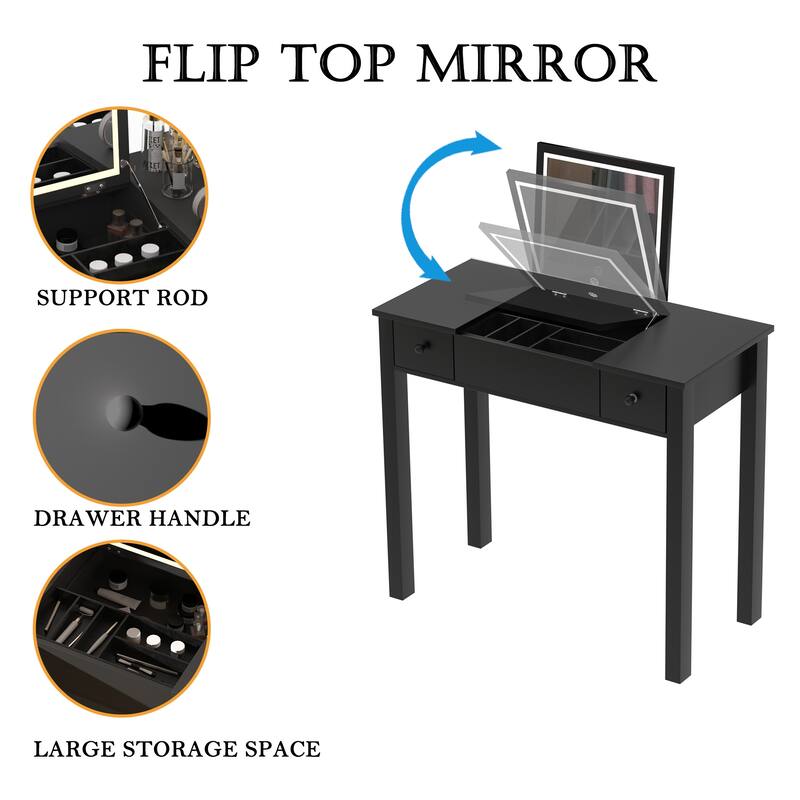 Small Flip Top Makeup Table with LED Lights, Mirror, 2 Drawers