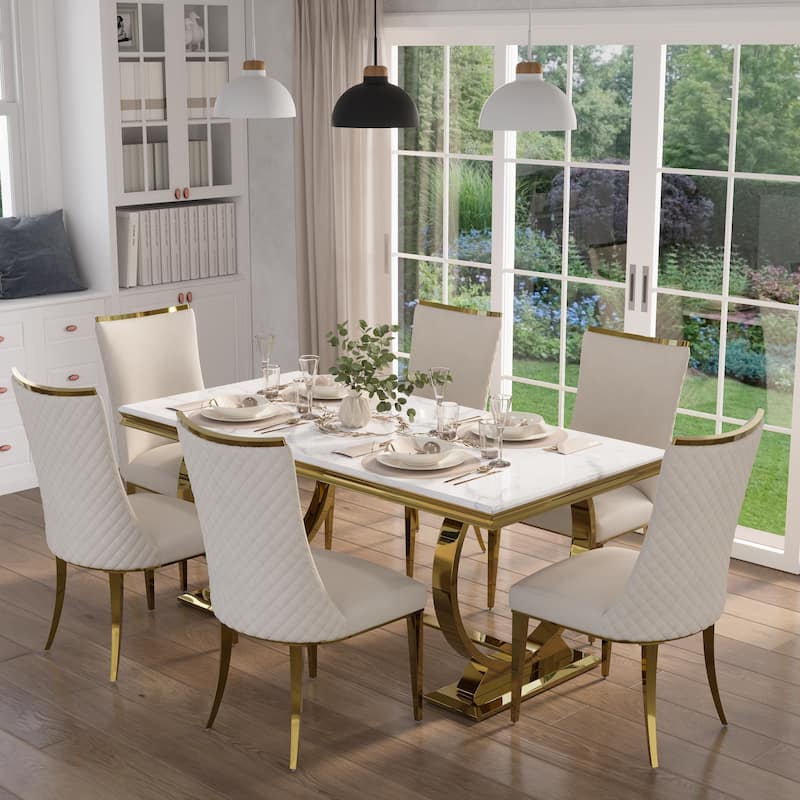 Luxurious Dining Room Table Set with Velvet Dining Chairs - White - Dining Table and 6 Chairs