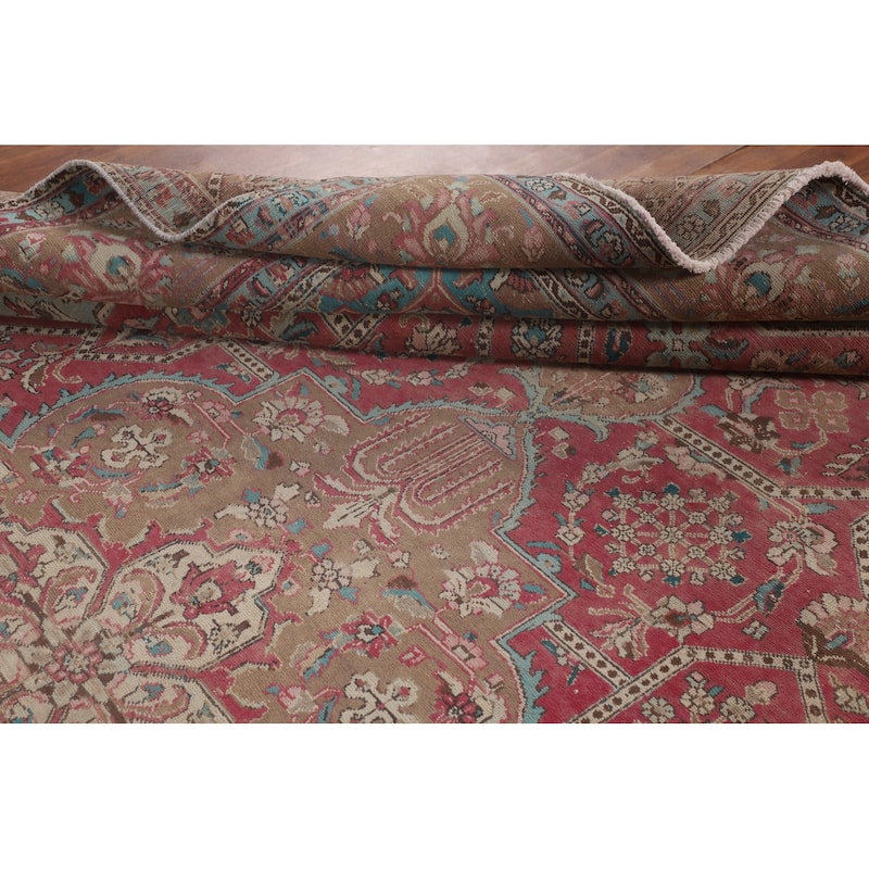 Pink Distressed Tabriz Persian Vintage Area Rug Handmade Wool Carpet - 9'9" x 12'11"