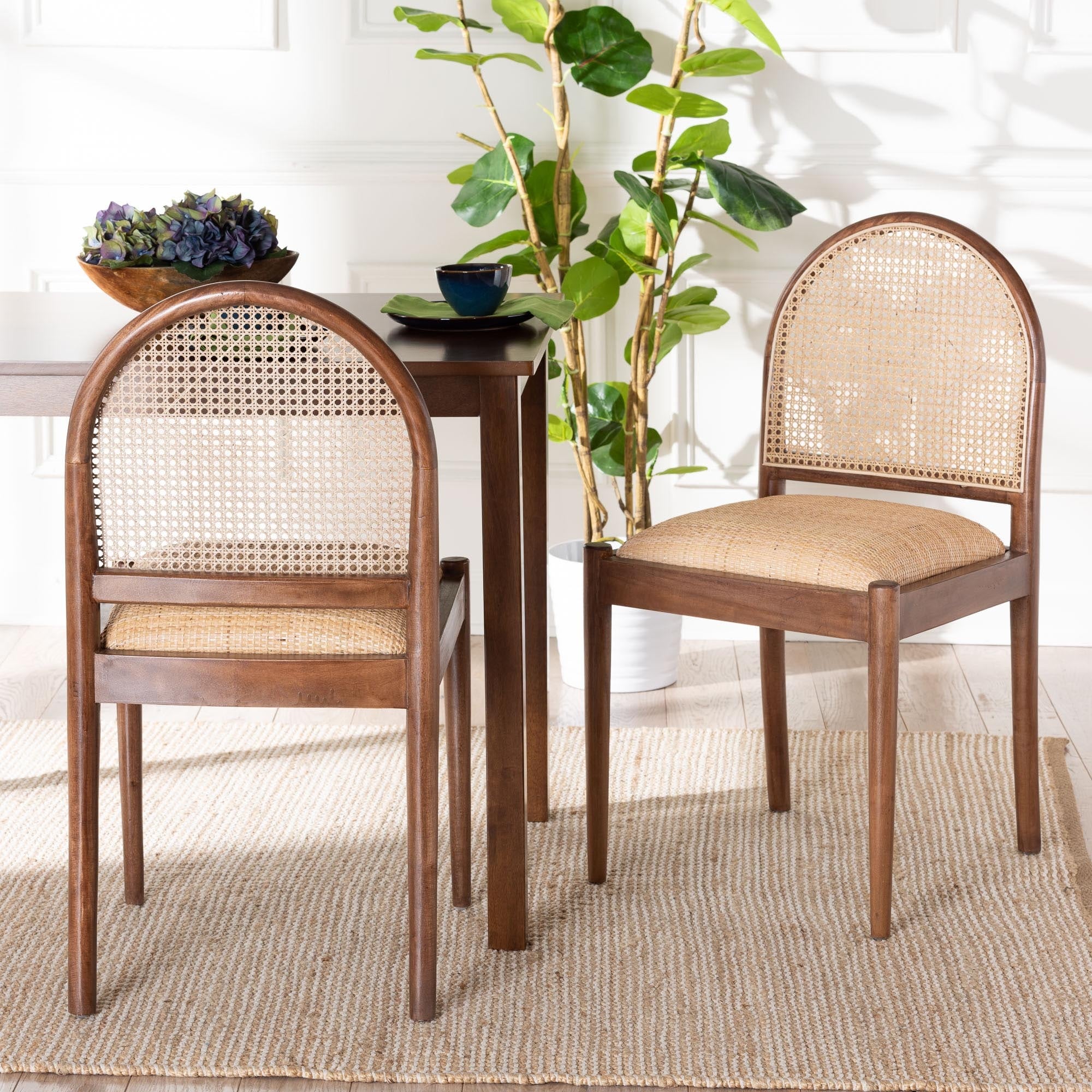 Maryland Modern Bohemian Natural Rattan and Acacia Wood 2-Piece Dining Chair Set