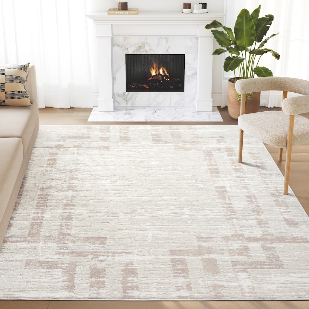 Abani Viva VIV100A Neutral Cream Beige Art Deco Symmetry Lines Area Rug