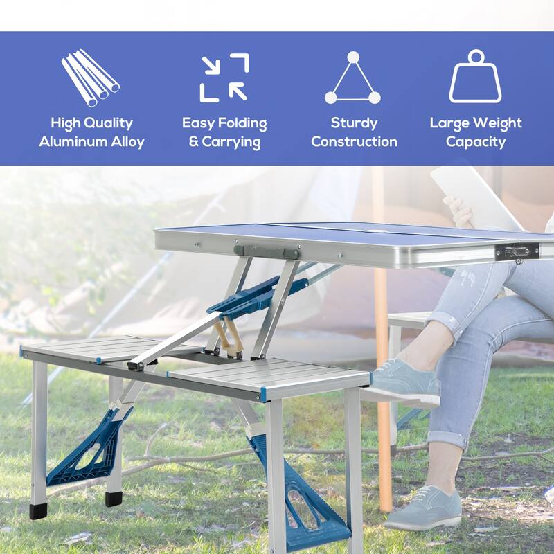 Outdoor Aluminum Suitcase Portable Folding Picnic Table with Bench & Umbrella Hole