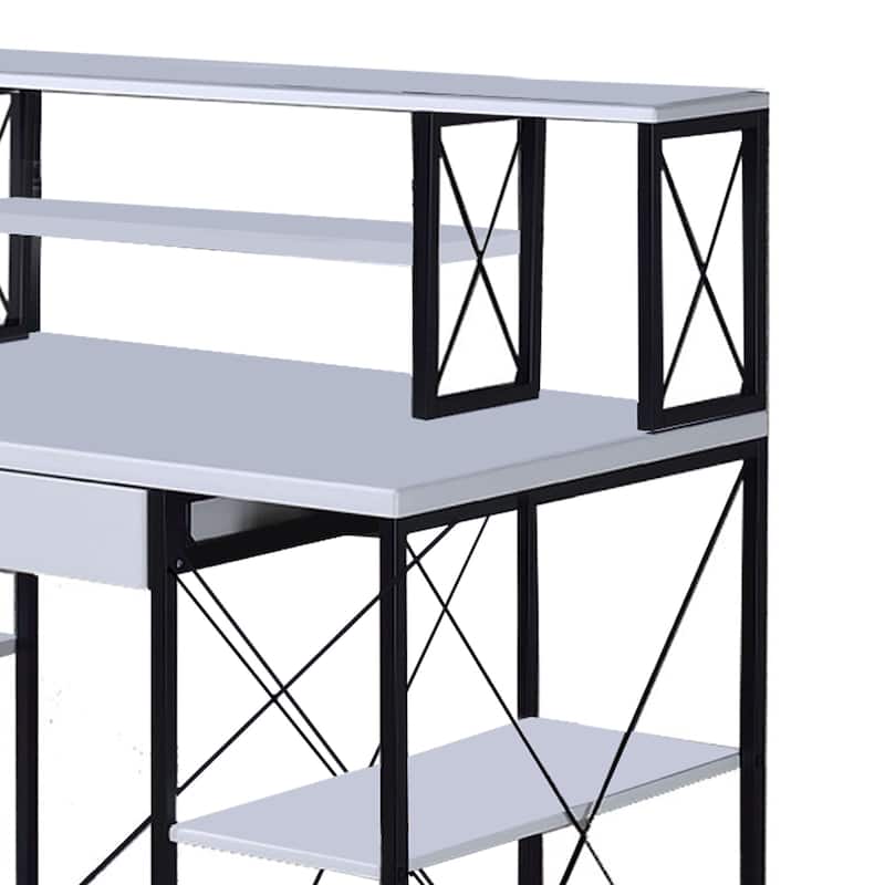 Industrial Style Desk with 4 Open Selves and Bookcase Hutch, White