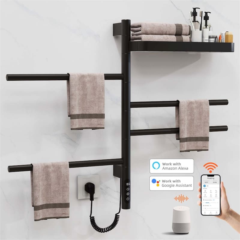 Wall-Mounted Electric Towel Dryer with Swivel Bars - Black