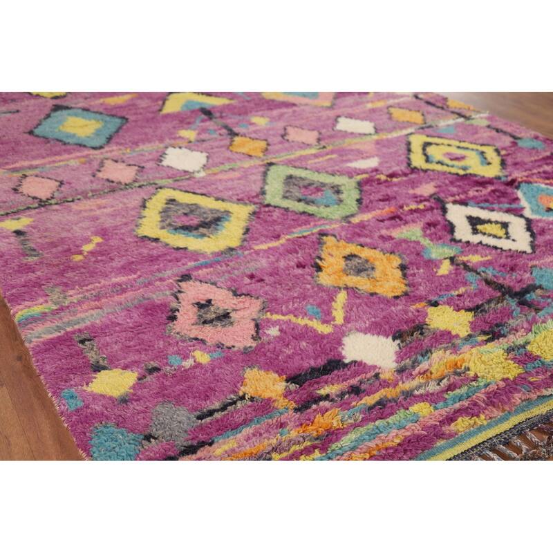 Purple Geometric Plush Moroccan Area Rug Handmade Wool Carpet - 6'1" x 9'9"