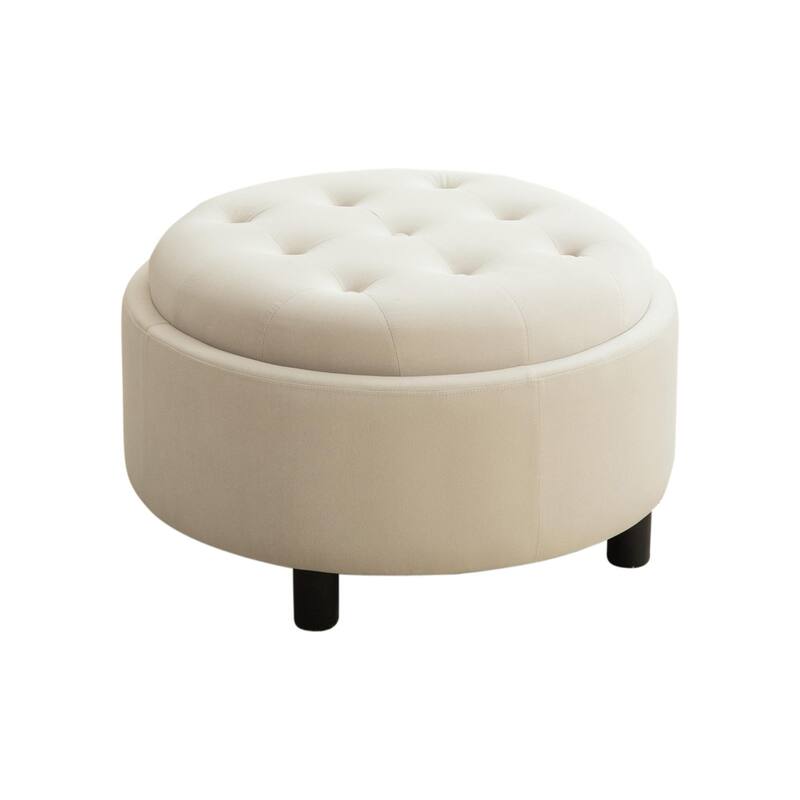 29.33"W Upholstered Round Ottoman With Reversible Lid,Fleece Fabric Storage Stool,Hand-pulled buckle decoration Design Footstool