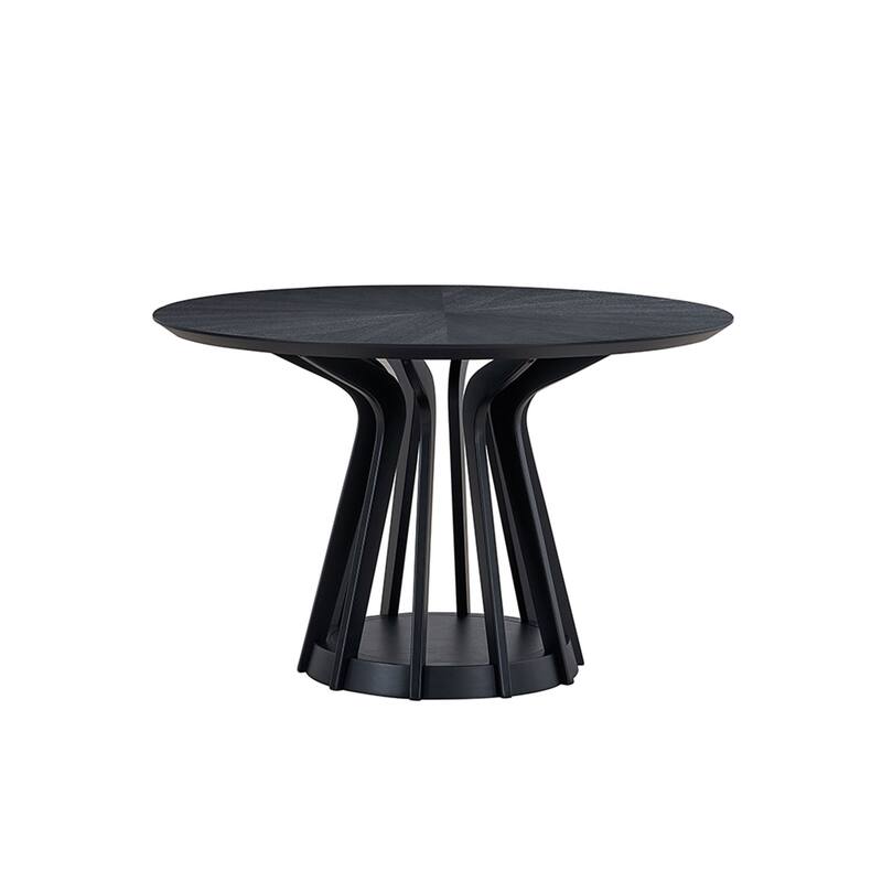 Round Dining Table with Sturdy Birdcage Pedestal Base, Tabletop with Veneer Splice Design for 4 People