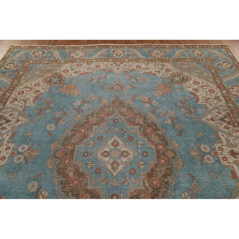 Distressed Over-Dyed Tabriz Persian Rug Antique Blue Wool Carpet - 9'5"x 11'10"