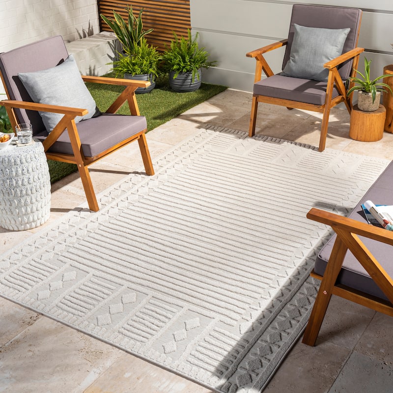 Livabliss Kaidi Global Stripe Outdoor Area Rug - 7'10" x 10' - Cream