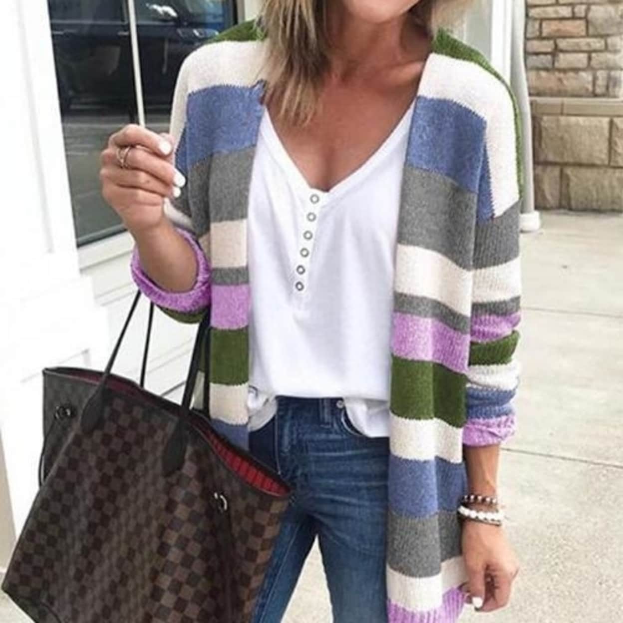 Womens Sweaters Color Block Striped Draped Cardigan With Pockets Long Sleeve Open Front Casual Knit Sweaters Coat Womens Sweaters Color Block Striped Draped Cardigan With Pockets Long Sleeve Open Front Casual Knit Sweaters Coat