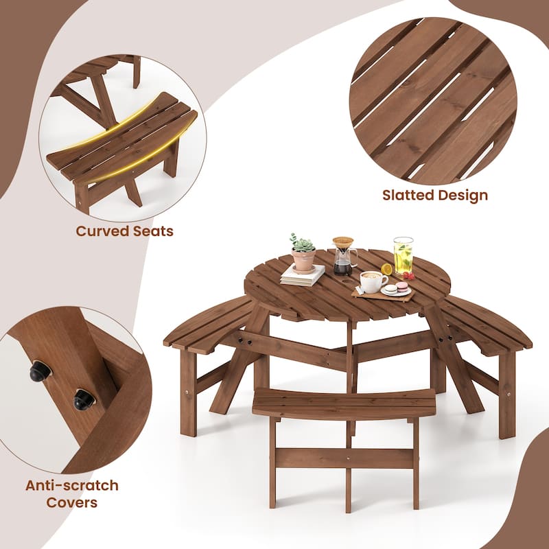 Costway 6-Person Round Picnic Table Set with 3 Built-in Benches 2" - See Details