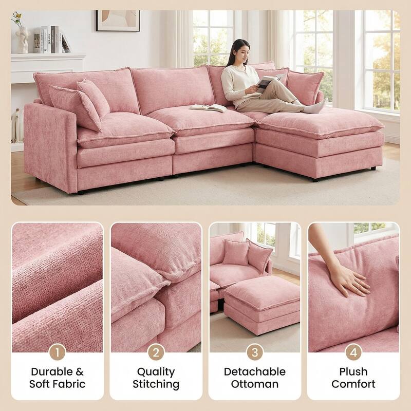 Homy Casa 102" L-Shaped Modular Sectional Sofa Movable Ottoman, Cloud-Style Chenille Couch, DIY Combination for Living Room Tray