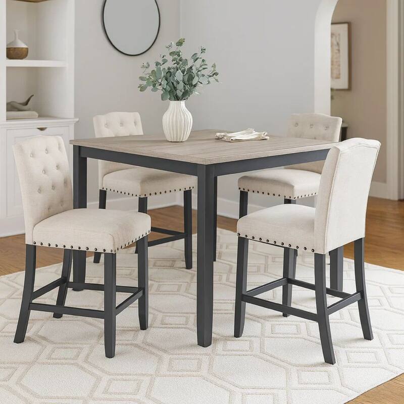 Phy 5pc Counter Table and Chairs Set, Nailheads, Tufted Beige, Brown, Black