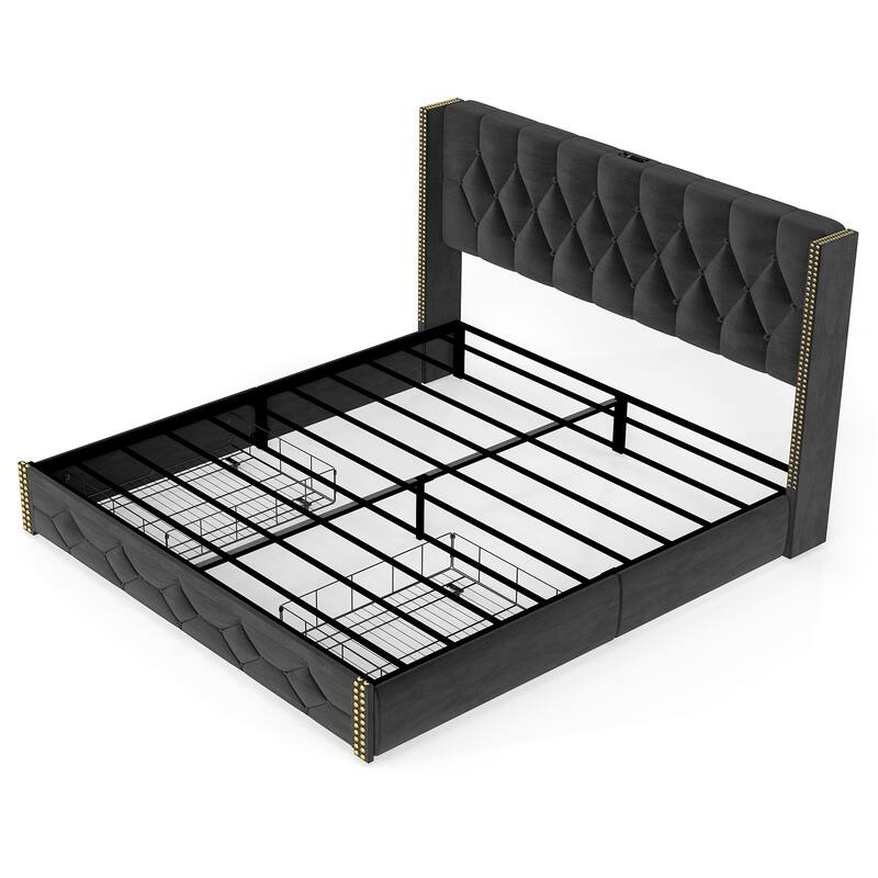 Wingback Bed Velvet Upholstered Platform Bed Frame with 2 Storage Drawers and Headboard, Charging Station, Noise-Free, Black