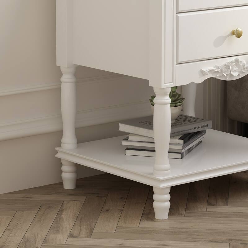 Nightstand Side Tables Drawers and Open Storage Shelf White Lacquer