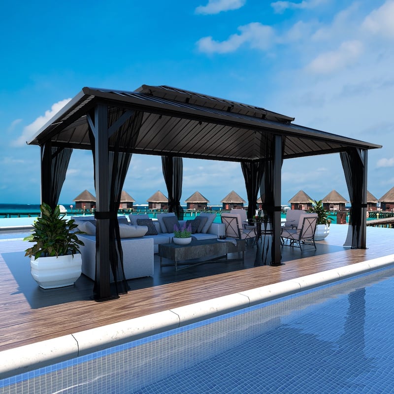 VEIKOUS Aluminum Double Hardtop Gazebo Pergola for Patio, Lawn, and Garden with Removable Netting