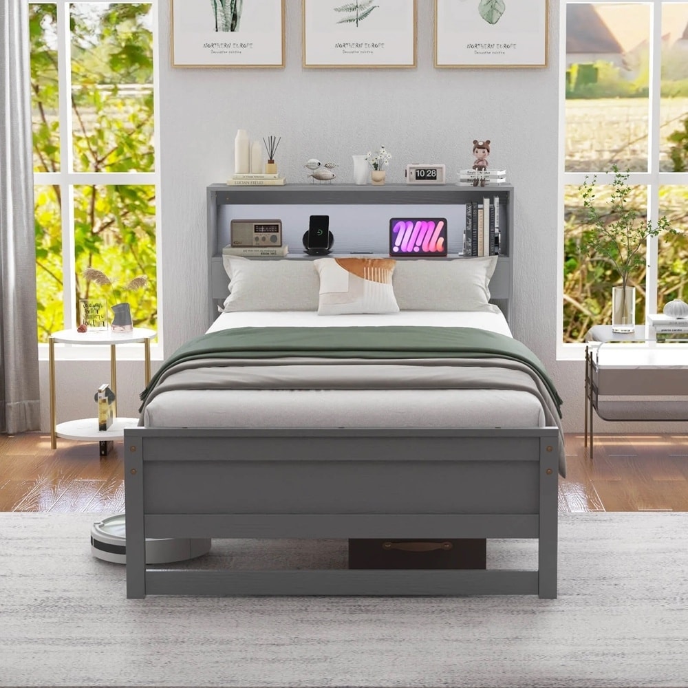 Twin Wooden Bed Frame Charging Station & LED Light Storage Headboard