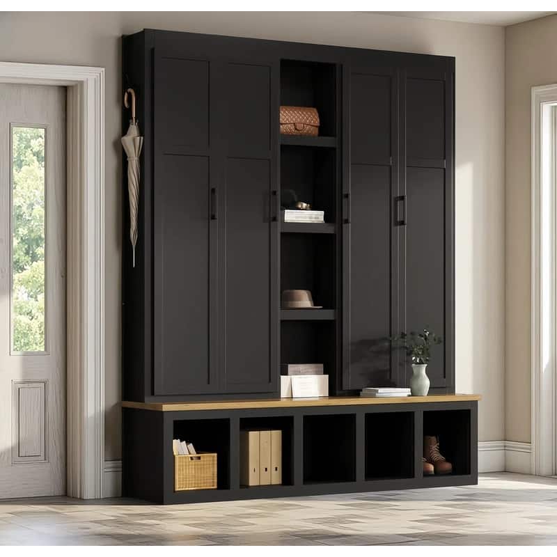 4-in-1 Hall Tree with 6 Hanging Hooks, Entryway Shoe Cabinet with Open Compartments, Wood Bench with Multiple Storage Space - Black
