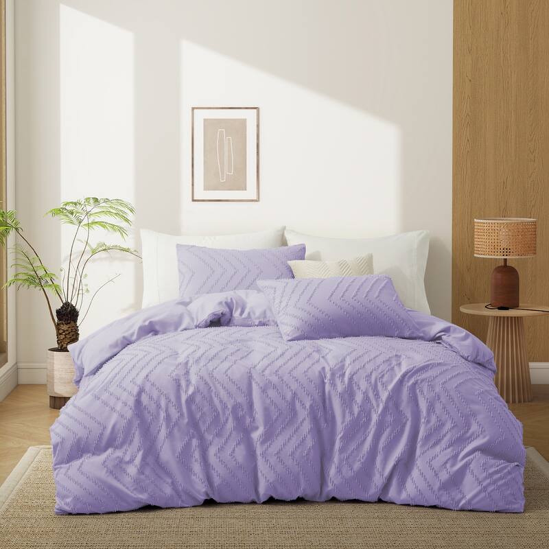 Tufted Clipped Jacquard Geometric Oversized Duvet Cover & Pillowcase Set - Wave/Purple - King