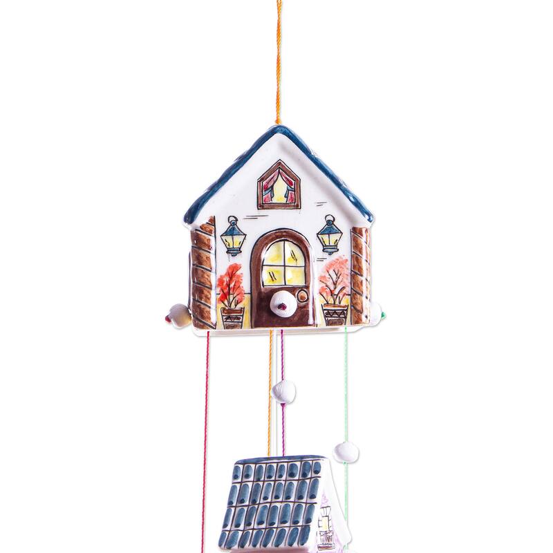 Novica Handmade Cozy Cottages Ceramic Wind Chime